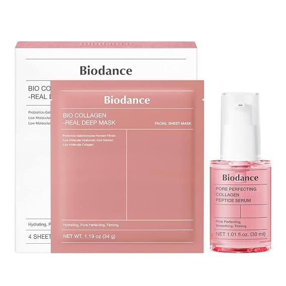 BIODANCE Collagen Duo: Bio Collagen Real Deep Mask & Collagen Peptide Serum Pink Duo Bundle for Glass Skin, Plumping Hydration, Firming, Korean Skin Care, Skin Care Set
