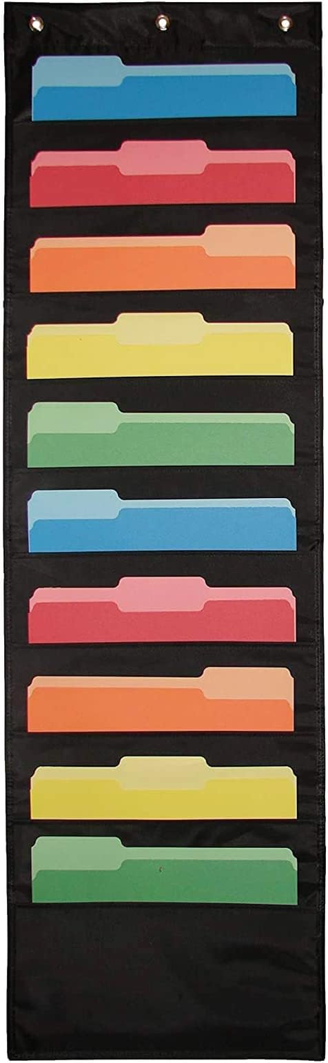 Heavy Duty Storage Pocket Chart for Classroom and Office, 10 Pockets, 3 Over Door Hangers Included, Hanging Wall File Organizer for File Folders, School Mailbox, Home/Office Papers & More (Black)