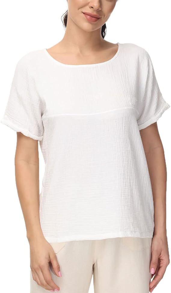 Soojun Womens Cotton Linen Round Collar Boxy Top Patchwork Blouses