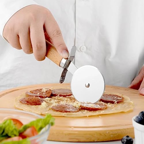 Deconox Stainless Steel Pizza Slicer with Wooden Handle, Round Pizza Cutter Blade, Dough and Waffle Cutter, Ergonomic Design