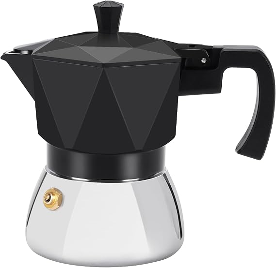 Rich Crema Moka Pot,Double Valve Induction Coffee Maker,Italian Stovetop Espresso Maker,2 Espresso Shots 100 ml,Black