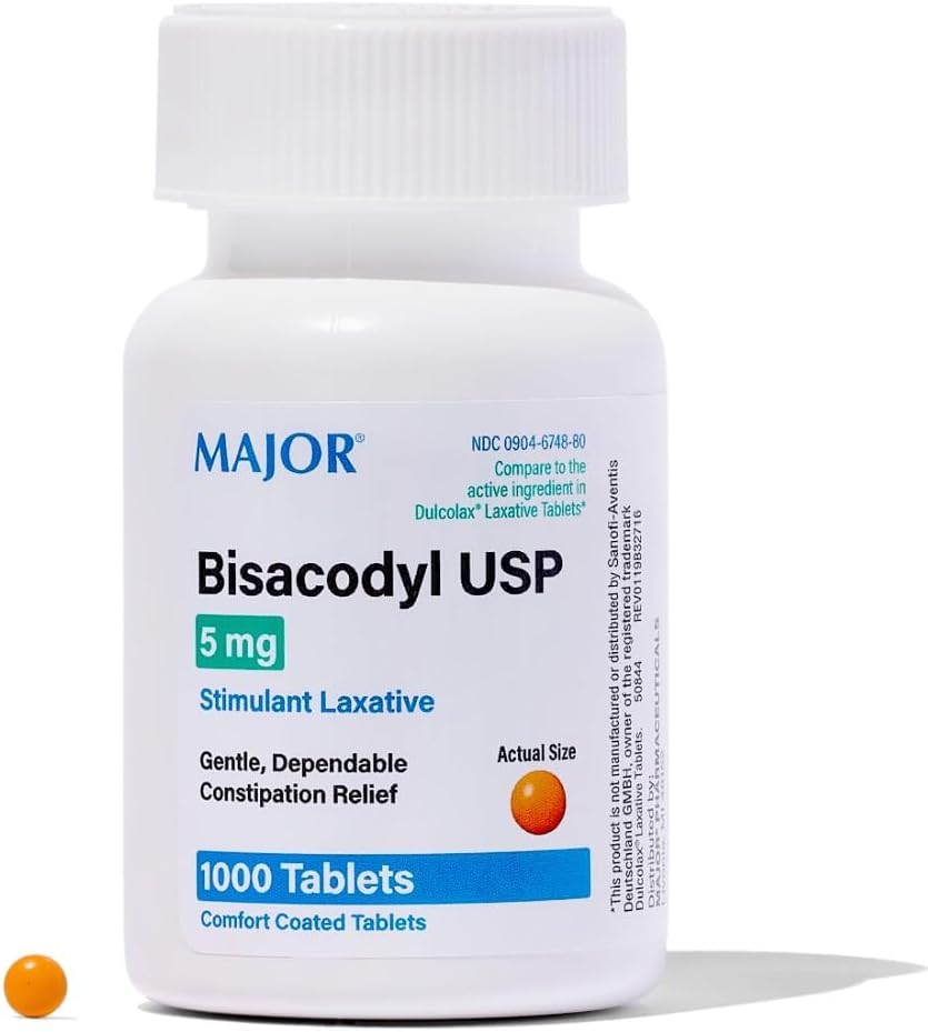 MAJOR Bisacodyl 5 mg - Comfort Coated Stimulant Laxative for Gentle, Dependable, Constipation Relief - 1000 Tablets 1 Pack