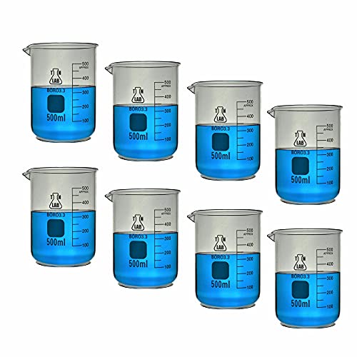 TN LAB 500ml Beaker Borosilicate Glass Low-Form with Graduations and Pouring Spout 8-Pack