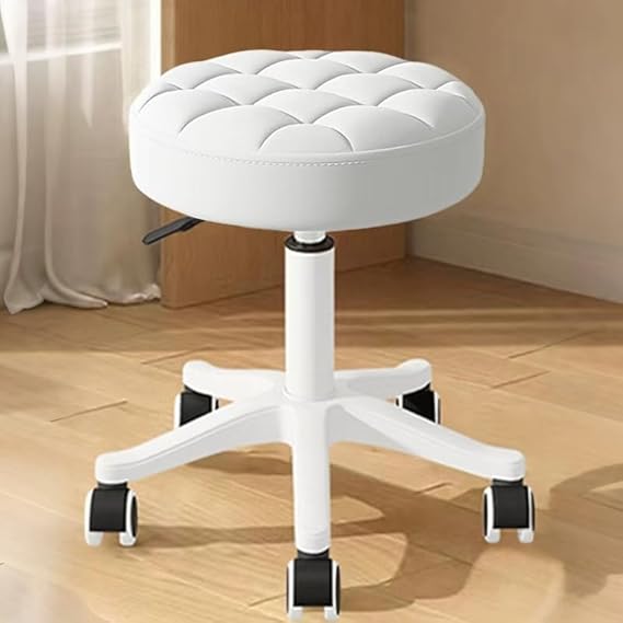 Round Rolling Stool with Wheels Height Adjustable PU Leather Swivel Drafting Work SPA Salon Stools Office Chair Small