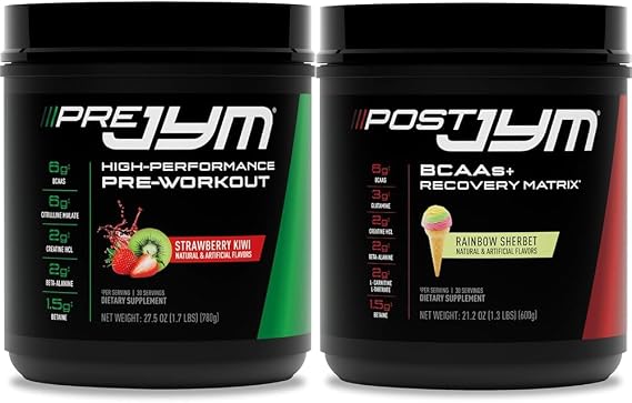JYM Supplement Science PRE JYM 30 Servings - Strawberry Kiwi & - Post-Workout with BCAA's, Glutamine, Creatine HCL, Beta-Alanine, and More Rainbow Sherbert Flavor, 30 Servings, 21.2 oz.