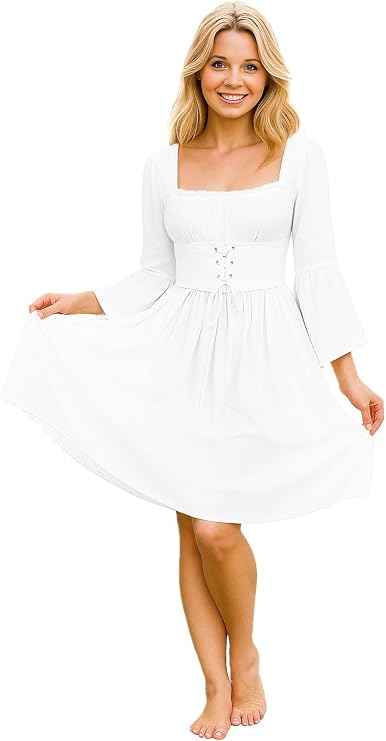 ThePirateDressing Renaissance Medieval Peasant Pirate Square Neck Corset Dress with Pockets