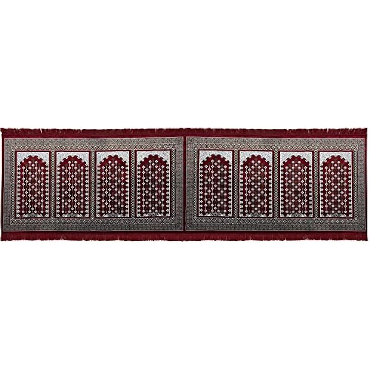 Modefa Turkish Islamic Prayer Rug - Wide Plush Velvet Praying Mat - Large Gathering & Group Sajada - Multi Person Muslim Janamaz - Long Row 8 Person Praying Carpet Vined Arch Red