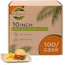 Raj Palm Leaf Plates Bulk [50-Pack] 10" Square Plates (2 CASES - 100 PACK) like Bamboo plates Disposable, Strong, Decorative Compostable Tableware for weddings, Lunch, Dinner, Birthday, Camping