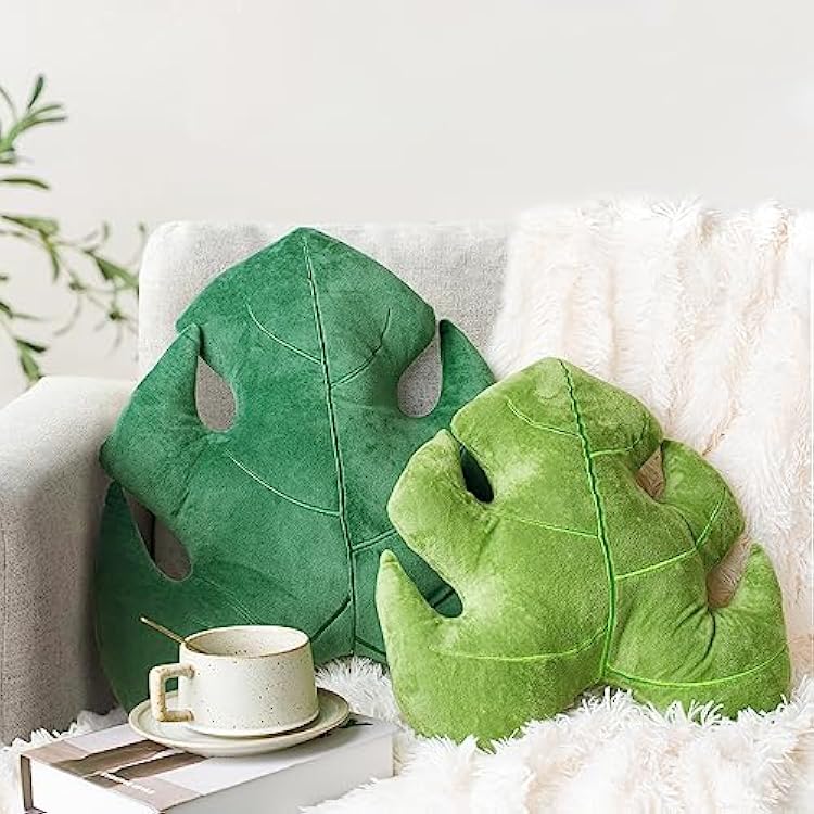 AELS Set of 2 3D Leaves Decorative Throw Pillows, 18& 14 Monstera Deliciosa Plush Pillow Set for Plant Lovers Garden Lovers, Living Room Bedroom Nursery Decor, Light Green & Dark Green