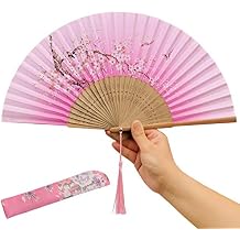 XGAKWD 8 1/4" Handheld Folding Fans with Fabric Sleeve, Chinease/Japanese Folding Silk Cloth Hand Held Fan for Women Dance Decorative (Pink A)