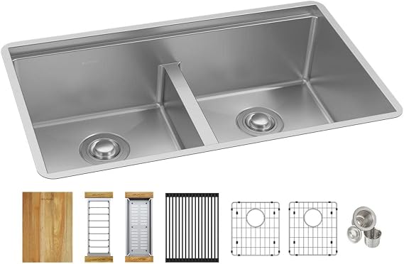 Elkay Crosstown 18 Gauge Workstation Stainless Steel 31-1/2" x 18-1/2" x 9" Equal Double Bowl Sink Kit with Aqua Divide