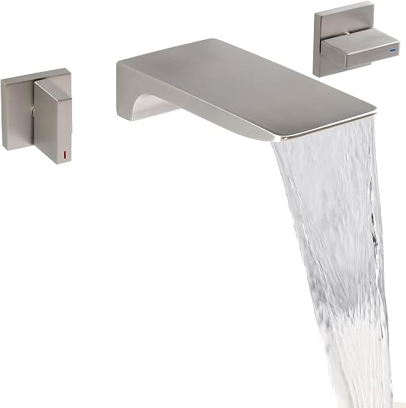Waterfall Faucet Wall Mount,2 Handles Bathroom Waterfall Tub Faucet,Wall Mount Bathtub Filler,Brushed Nickel,KHBFN04U