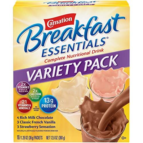 Nestle Carnation Breakfast Essentials Complete Nutritional Drink Rich Milk ChocolateClassic French VanillaStrawberry Sensation Flavor 10 Ct