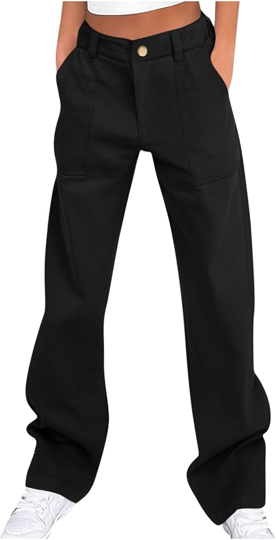 Cargo Pants for Women High Waisted Casual Pants Elastic Waist Wide Leg Streetwear Lightweight Comfy Business Pant Black