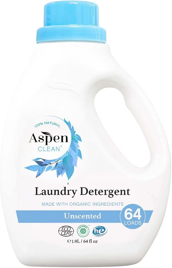 AspenClean Liquid Laundry Detergent | Unscented | 64 fl oz | EWG Verified | HE Compatible | Non-Toxic | Plant Based & Vegan | Safe for Babies, Pets & Kids