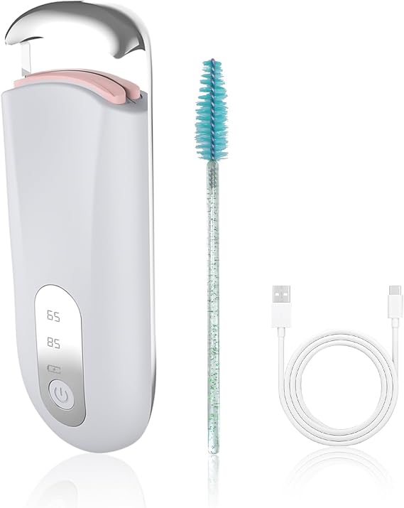 Heated Eyelash Curler for Natural Lashes 2 Level Adjustable Temperature Mini Electric Lash Curler Fast 3 Second Heat Up 24 Hours Long Lasting Curl (WhiteBlue)