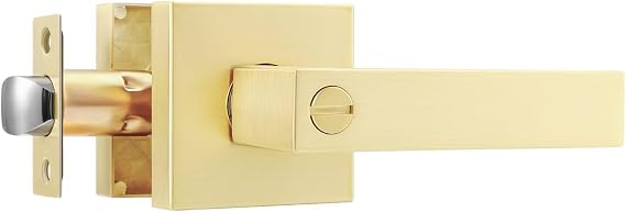 Leydebong Gold Door Handles Interior, Keyless Privacy Door Knob with Lock | Door Locks for Bedroom Bathroom, Heavy Duty Square Door Lever Locksets, Reversible for Left&Right Handled, Satin Brass Finish