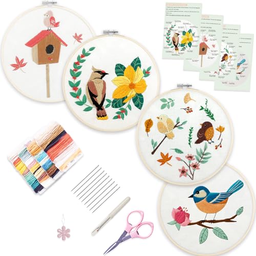 Bonroy 4 Sets Embroidery Set for Beginners, Art Craft, Easy Sewing, Includes Embroidery Clothing, Pattern, Embroidery Hoop, Instruction Manual, Colorful Thread Needles Set 6 Pieces