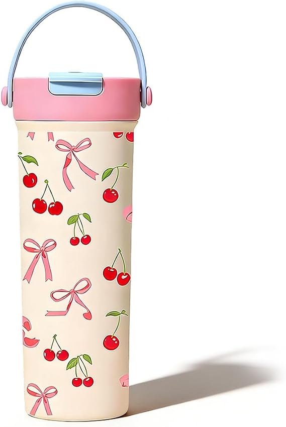 Pink Bow Cherry Stainless Steel Tumbler with Handle Straw and Lid 20oz Tumbler with Leak Proof 2-in-1 Lid, Reusable Double Walled Water Bottle,