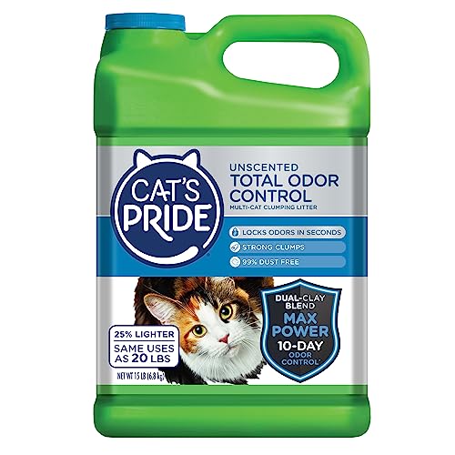 Cats Pride Max Power: Total Odor Control - Up to 10 Days of Powerful Odor Control - Strong Clumping - Hypoallergenic - 99% Dust Free - Multi-Cat Litter, Unscented, 15 Pounds