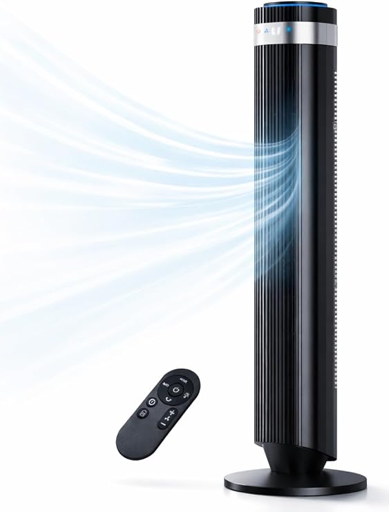 Tower Fan for Bedroom, Oscillating Bladeless Fan with Remote, 5 Speeds 4 Modes Quiet Fan 28dB, 22.3ft/s High Velocity,12H Timer, LED Display Cooling Fan Floor Standing Fan for Home Office, Dorm,Black