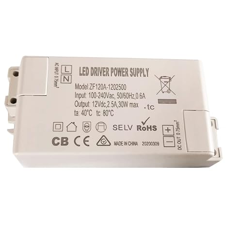 ZF120A-1202500 12VDC 30W Class 2 LED Driver AC/DC Adapter for Spotlights Constant Voltage