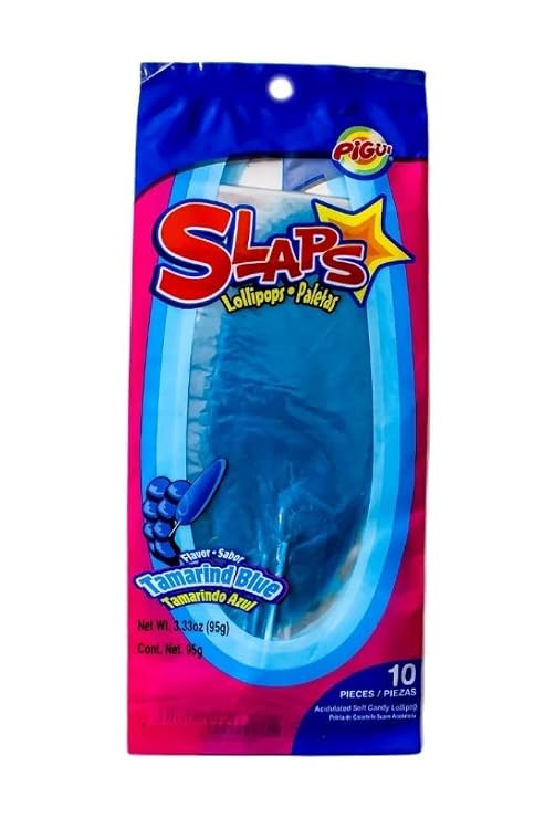 Dulces Pigui Slaps Tamarind Blue Flavor Paletas Mexican Candy (10 Lollipops)