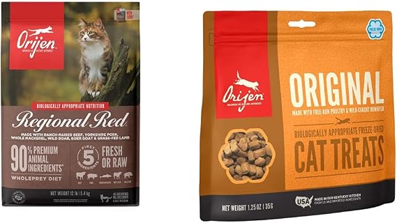 ORIJEN Dry Cat Food, Grain Free, Premium, High Protein, Fresh & Raw Animal Ingredients, Regional Red, 12lb Freeze Dried Cat Treats, Original, 1.25oz