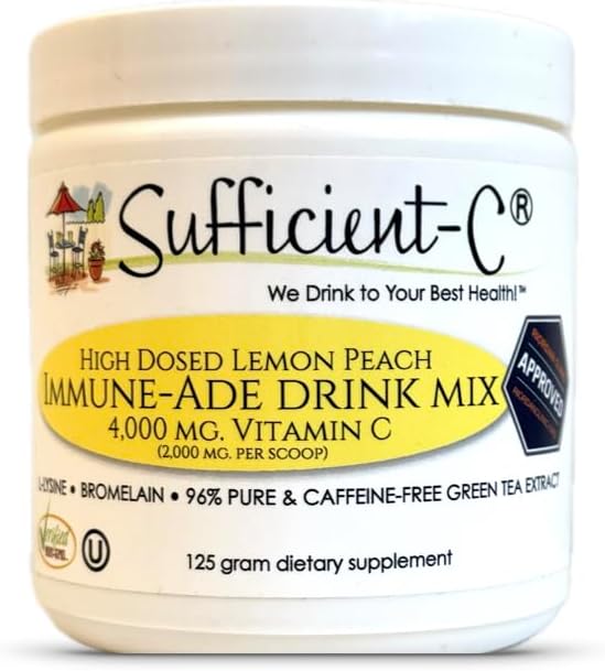 Sufficient-C High Dose Non-GMO Vitamin C Lemon Peach Immune-Ade Drink Mix, Convenient 125 Gram Size w/L-lysine, Bromelain & a Premium 96% Pure Green Tea Extract - Stomach Friendly, Adrenal Supportive