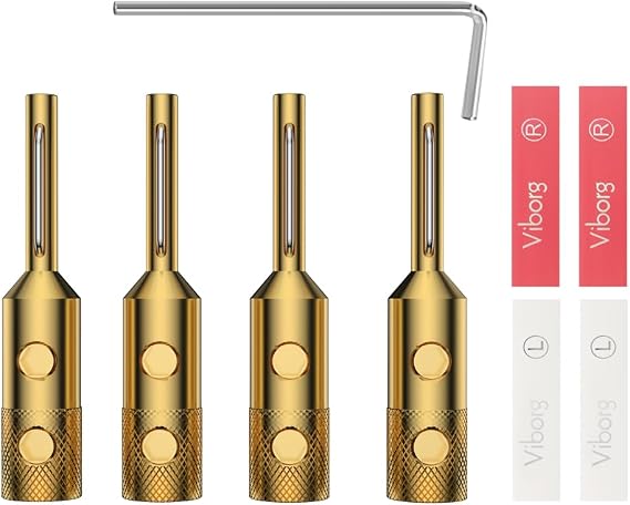 Viborg 4X HiFi Speaker Banana Plug Connectors, VB401G, 4MM Gold-Plated Pure Copper Dual Screws Locking Banana Connectors for Hi-end Speaker Cable, Home Theater, Audio/Video Receiver, Amplifiers