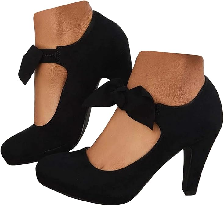 Thick Heel Pumps Bowknot Round Toe Ankle Strap Heels