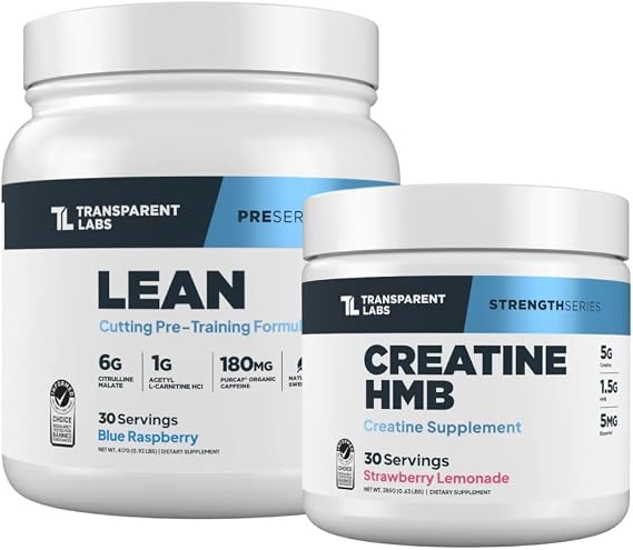 Transparent Labs Lean Pre-Workout (30 Servings, Blue Raspberry) & Creatine HMB (30 Servings, Strawberry Lemonade)