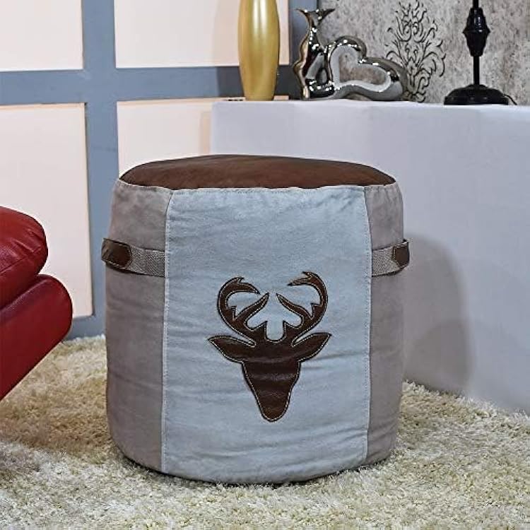 Rugsotic Carpets Round Shaped Canvas Leather Handmade ECO-Friendly Beige Gray Pouf - Round Shape Pouf, 16 x 16 x 16, Modern Pouf, Canvas Leather Pouf, Recycled Cotton Filled PF04