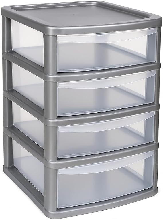 A4 PLASTIC STORAGE DRAWERS DRAW TOWER UNIT OFFICE DESKTOP TABLETOP HOME SCHOOL GARAGE MODULAR & PORTABLE DRAWERS OFFICE DESK ORGANIZER SLIM A4 SIZE 2|3|4|6|8 TIERS (Sliver/Clear, A4 Slim 4 Drawers)