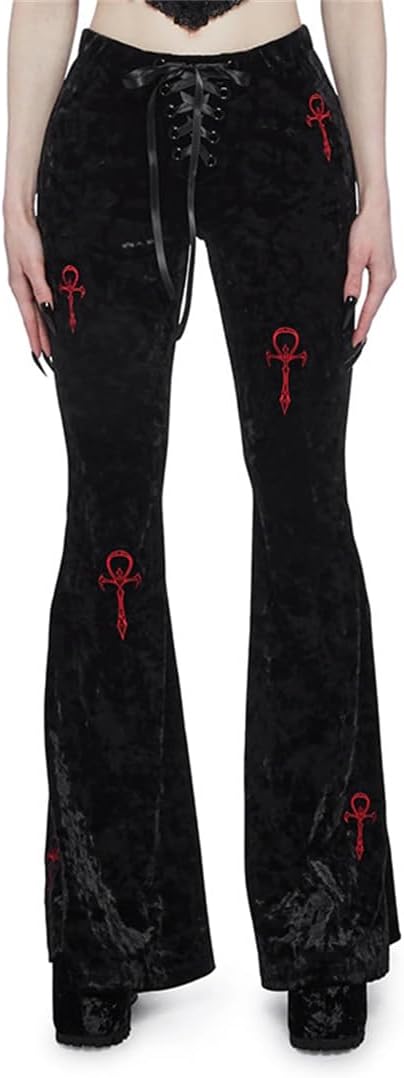 Women Gothic Bell Bottom Wide Leg High Waisted Casual Flared Pants