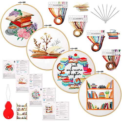 Unittype 4 Set Embroidery Kit for Beginners Adults Book Lovers Funny Cross Stitch Embroidery Kit with Bamboo Hoops Needles Threads Instructions Needle ThreaderClassic