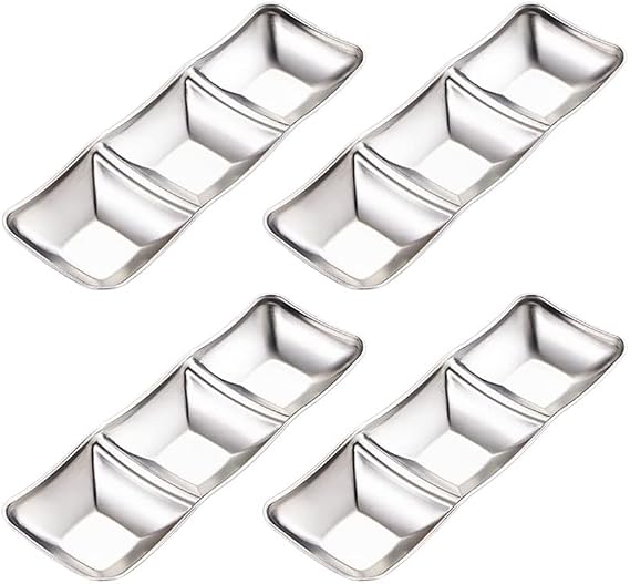 Stainless Steel Side Dishes 4pcs Sauce Dish Bowls Condiments Cup Serving Bowl Set Sushi Dipping Saucers Soy Dipping Bowls for Home Kitchen Restaurant BBQ (Silver, 3 Compartment)