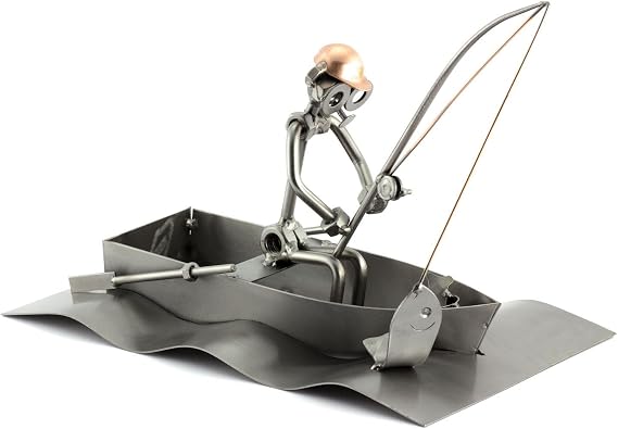 Steelman24 Fisherman with Boat Sculpture Nuts and Bolts Handmade Ornaments Made in Germany Metal Figurine