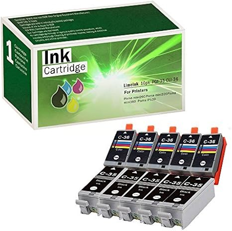 Limeink Compatible Ink Cartridge Replacement for Canon PGI-35 & CLI-36 Ink Cartridges Color Set Use for PIXMA iP100 PIXMA iP110 Series Printers (5 Black / 5 Color, 10 Pack)