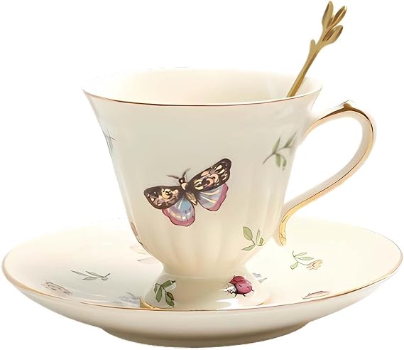 Ceramic Tea Cup,Ceramics Travel MugCoffee MugTea and Saucer Set, Vintage Porcelain Espresso Coffee, with and Spoon, Mugs for Home Kitchen 200 ml / 7 Oz(Butterfly)