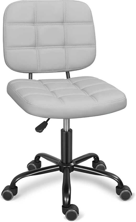ERGOSEAT Armless Office Chair with Wheels, Small Desk Drafting Chair for Small Space, PU Leather Computer Task Chair, Height Adjustable Rolling Chair, Compact Chair for Home Office, Dorm, Light Grey