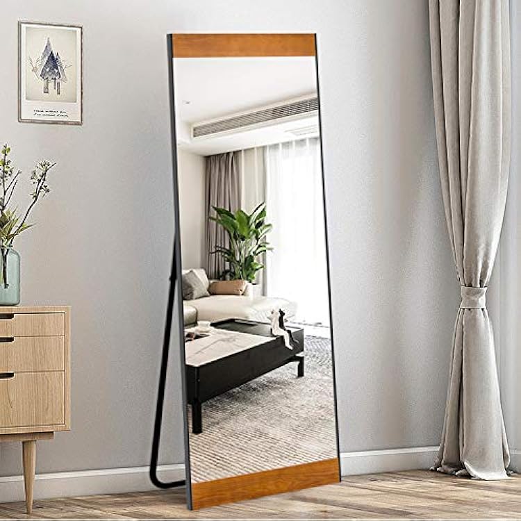 NeuType 65x22 Modern Rectangular Bedroom Dressing Mirror, Metal Frame with Pine Wood Veneers, Wall Mount or Freestanding