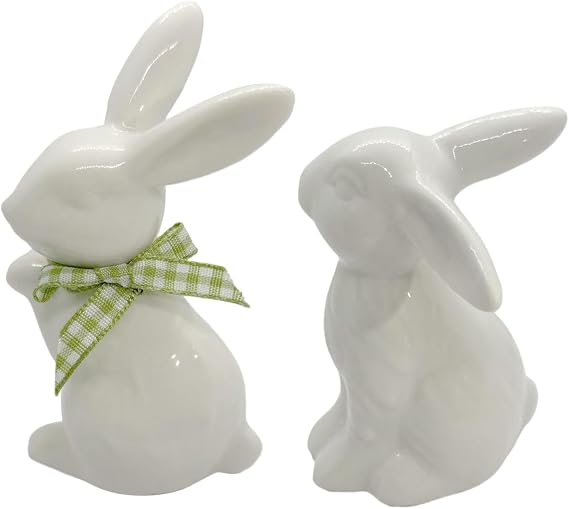 2 Pieces Easter Bunny Porcelain White Bunny Figurine Ceramic Rabbit Statue Holiday Rabbit Decoration Easter Sculpture Desk Ornament For Home Decorations