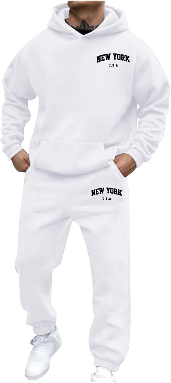 Tracksuit Mens Full Set 2 Piece City Print Hoodie & Joggers Long Sleeve Slim Fit Mens Sweatsuit for Casual, Sports, Men's Sweatshirt & Sweatpants Tracksuit Set
