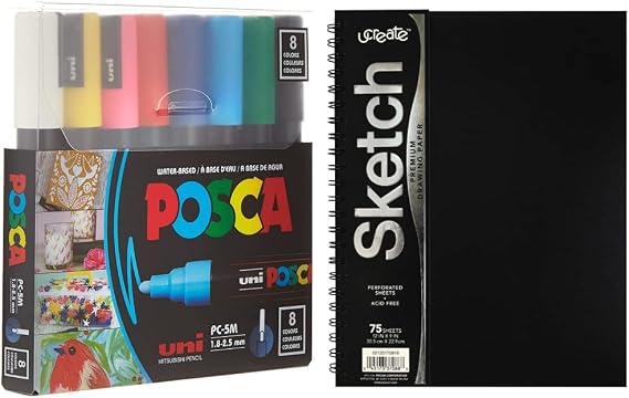 posca 8-Color Paint Marker Set, PC-5M Medium & Pacon UCreate Poly Cover Sketch Book, Heavyweight, 12" x 9", 75 Sheets