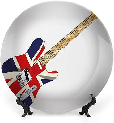 Ceramic Display Plate, Union Jack Ceramic Hanging Decorative Plate, Classical Electric Guitar UK Flag Great Britain, 10 Inch, Living Room Kitchen Decoration Household, Light Brown Silver Black