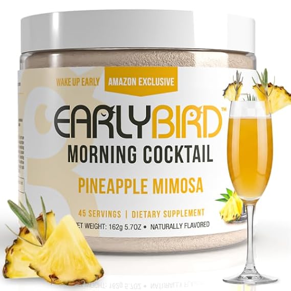 EarlyBird Morning Cocktail - Pineapple Mimosa 45 Servings - Clean Energy Drink (Natural Caffeine), Increased Motivation (Nootropics), Supercharged Hydration (Electrolytes) - Wake Up Early Drink w/