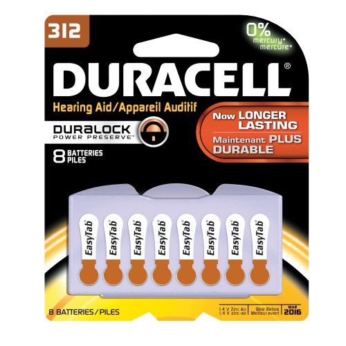 Duracell DA312B8ZM09 Easy Tab Hearing Aid Zinc Air Battery Pack, 312 Size, 1.4V, 175 mAh Capacity Case of 6 Cards, 8 Unit per Card