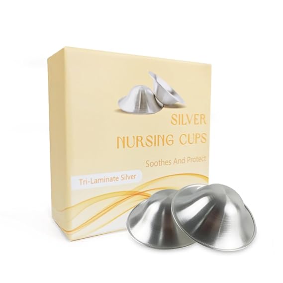 The Original Silver Nursing Cups, Nipple Shields for Nursing Newborn, Nipple Guards Protector for Breastfeeding, Breast Feeding Essentials, Trilaminate 999 Silver (Large (5.5 * 1.8cm))