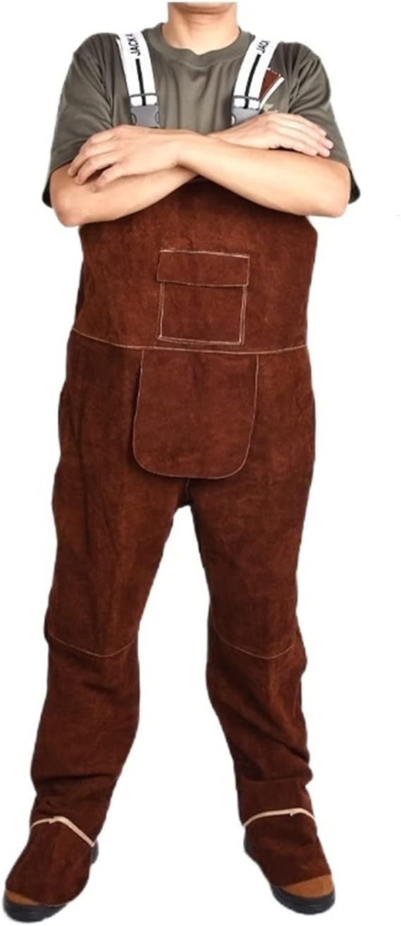 Welding Work Clothing, Unisex Bib Overalls Protective Leather Flame Retardant Repair Welder Strap Pants, Protection Clothing Coverall(Brown,XXL)